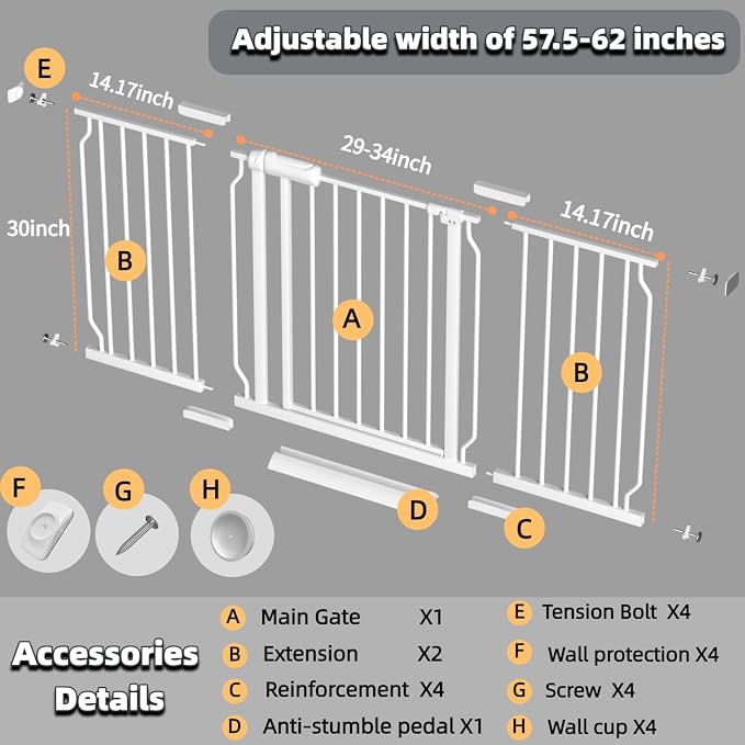 TSAYAWA 57.5"-62" Extra Wide Auto Closing Baby Safety Gate - Image 2