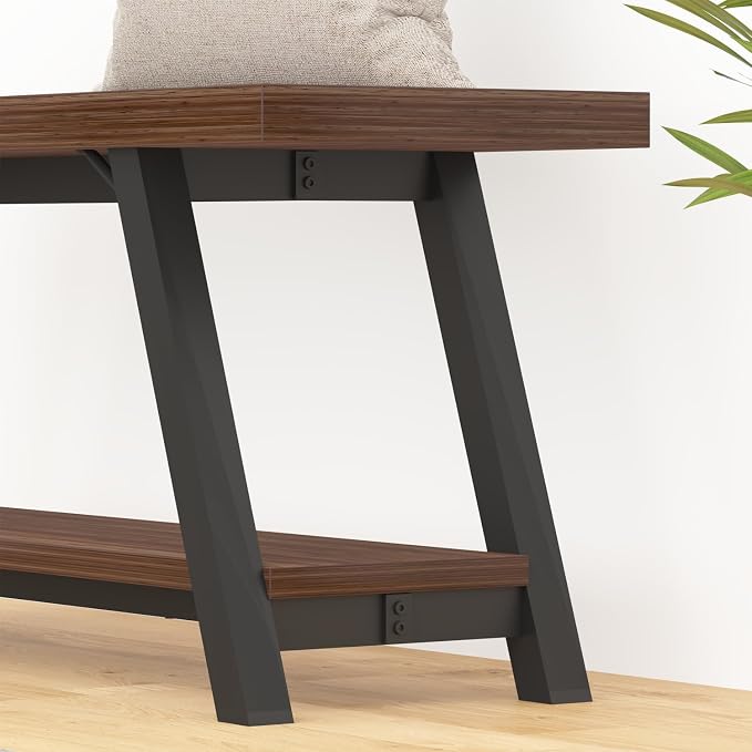 LVB Wood Entryway Bench, Industrial Metal Indoor Shoe Rack, Wooden Storage Bench - Image 9