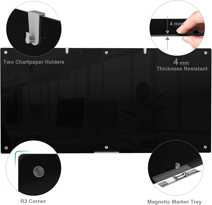 Large Black Glass Dry Erase Board, 96 x 48 Inches Magnetic Glass whiteboard - Image 2