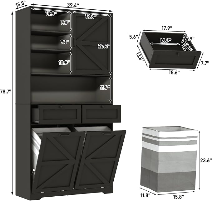 78" Tall Tilt-Out Double Doors Laundry Cabinet Hamper w Hidden Laundry Hamper - Image 2