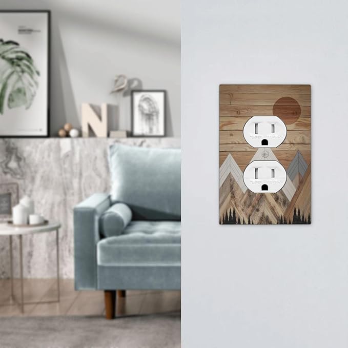 Wooden Planks Mosaic Snow Mountain Sun Outlet Covers 1 Gang Duplex Light Switch - Image 7
