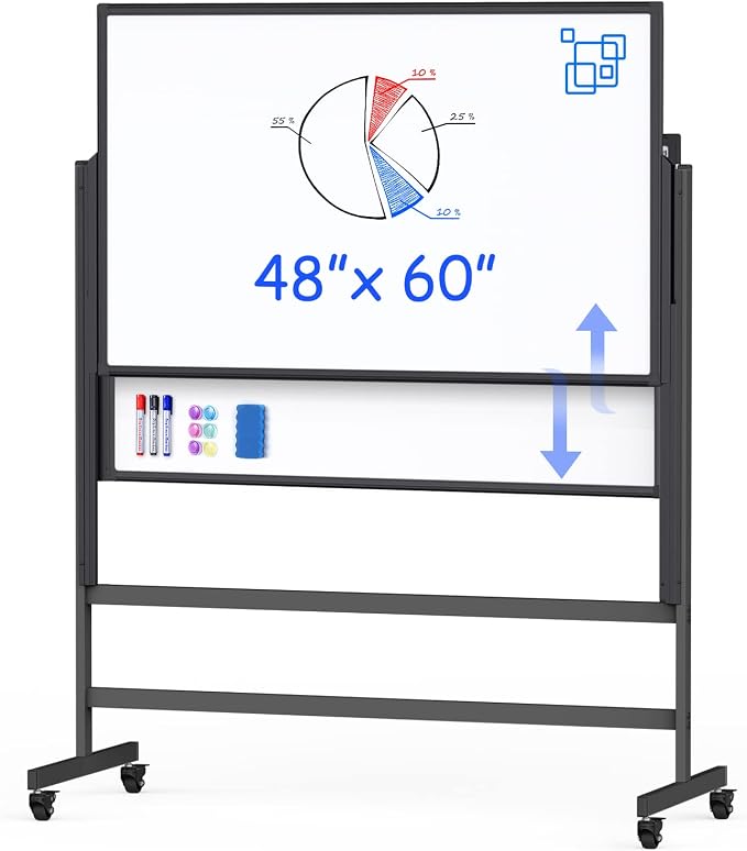 Double-Sided White Board on Wheels, 48x60 Inch Large Magnetic Mobile Dry Erase by Maxtek