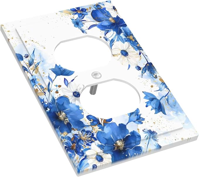 Klein Blue Flowers Watercolor Golden White Floral Outlet Covers 1 Gang Duplex - Image 3