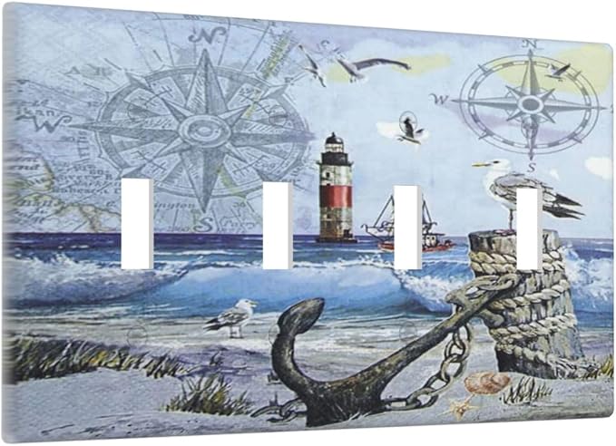 Light Switch Cover Sea Ocean Sand Coast Compass Ship Lighthouse Anchor 4 Gang - Image 2