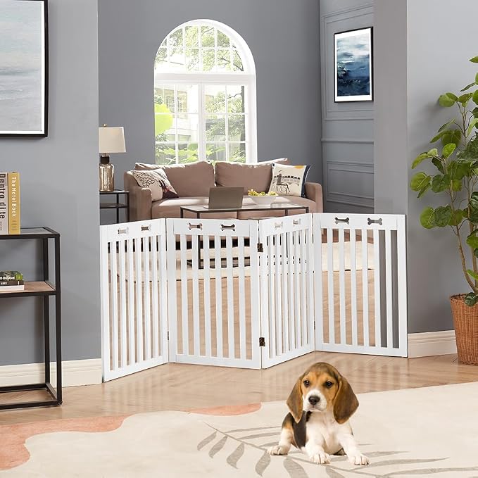 unipaws 29.5'H Free Standing Tall Wooden White Dog Cat Gate, Foldable Pet Fence - Image 2