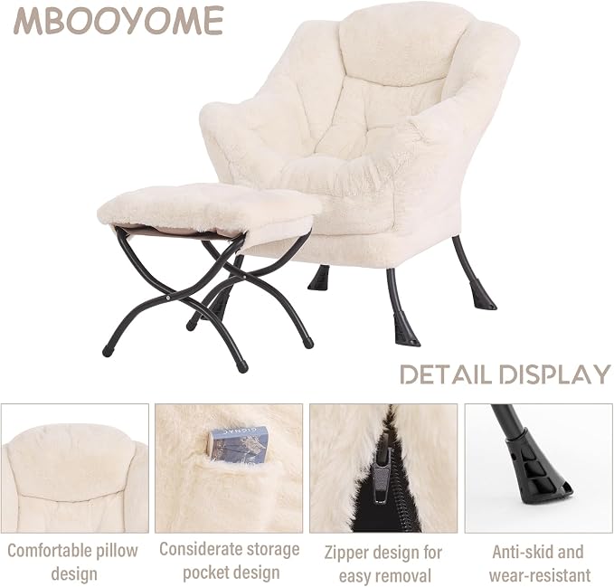 Lazy Chair with Ottoman, Modern Accent Lounge Armchair with Side Pocket & - Image 7
