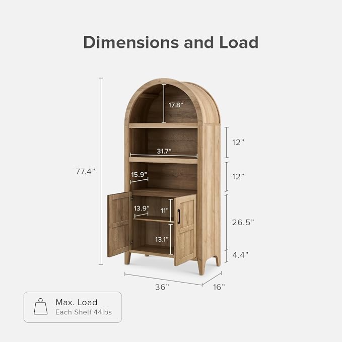 mopio Lauren 77.4" Tall Arched Cabinet, 5-Tier Arched Bookcase - Image 2