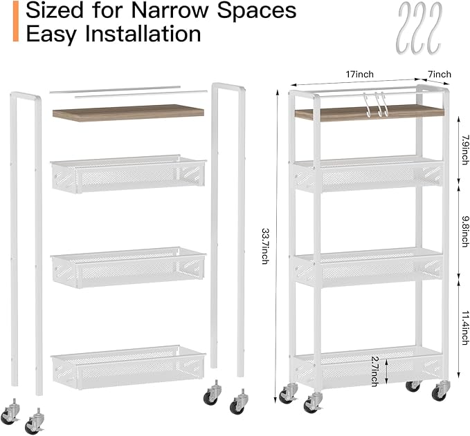 DGSNADGO Slim Rolling Storage Cart, 4-Tier Kitchen Cart on Wheels, Narrow - Image 4