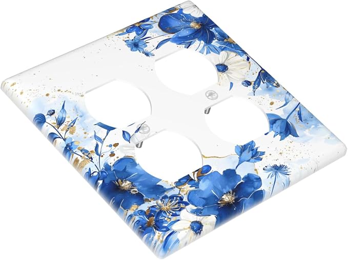 Klein Blue Flowers Watercolor Golden White Floral Outlet Covers 2 Gang Double - Image 3