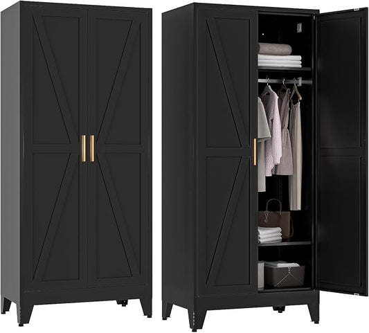 COFaR Metal Wardrobe Cabinet, 2 Barn Door, 2 Adjustable Shelves and Legs by COFAR