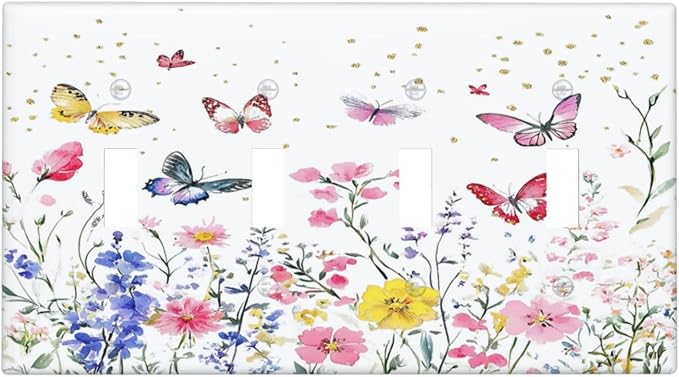 Light Switch Covers Watercolor Floral Butterfly Colorful Wildflower Quad Toggle by Unknown