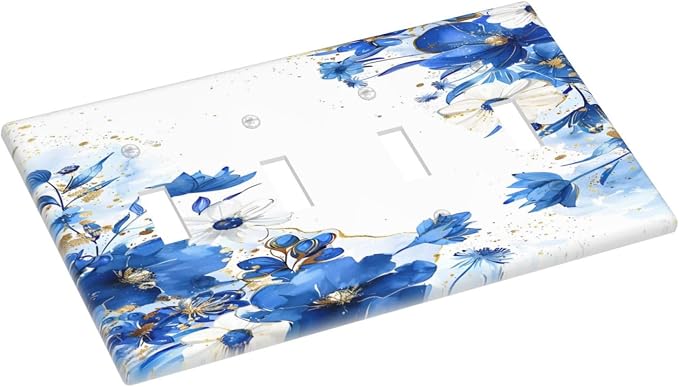 Klein Blue Flowers Watercolor Golden White Floral Light Switch Covers Quad - Image 3