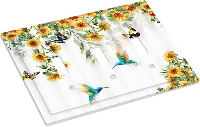 Yellow Sunflower Blue Hummingbird Butterfly 3 Gang Light Switch Covers - Image 3