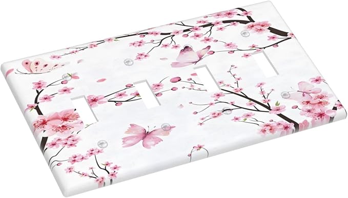 Cherry Floral Watercolor Pink Flowers Butterfly Light Switch Covers Quad Toggle - Image 3