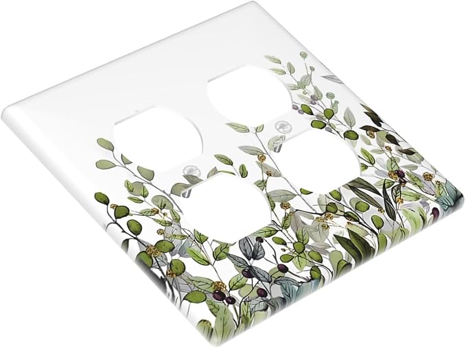 Watercolor Green Eucalyptus Leaves Plants Fruit Outlet Covers 2 Gang Double - Image 3