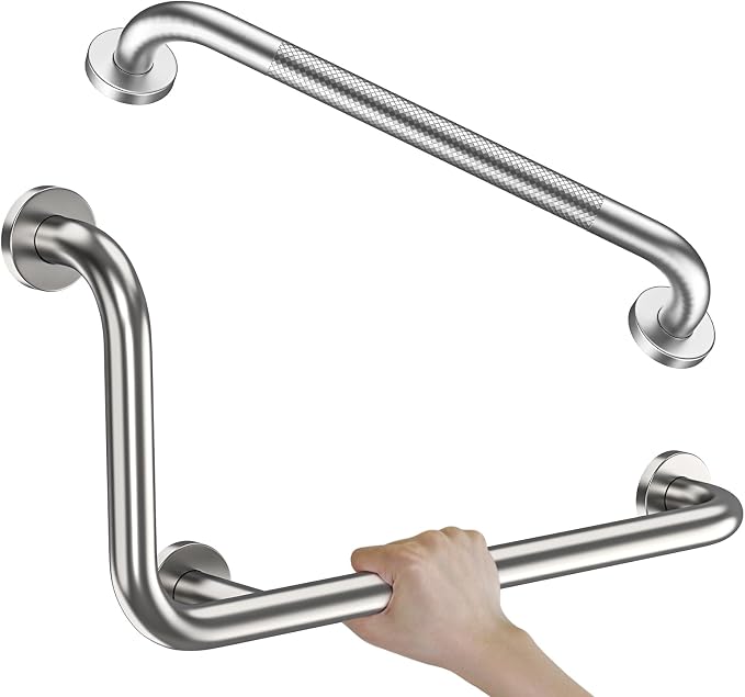 Brushed Nickel L-Shaped Grab Bar 12x24 Inch + Knurled Shower Grab Rail 20 Inch by Zepolu