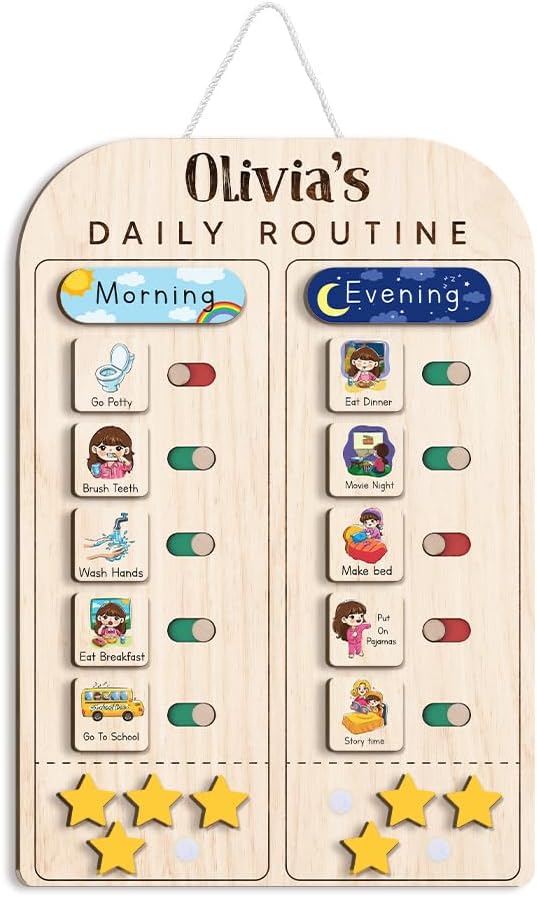 Wooden Chore Chart for Kids Visual Schedule, Routine Chart for Kids, Morning by TinyKidz