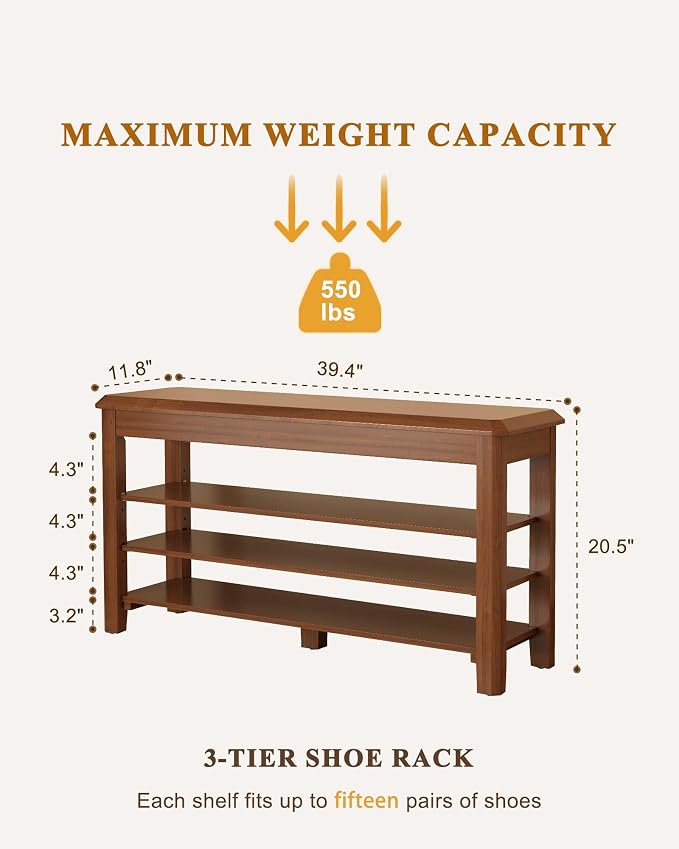 Shoe Rack Bench Seat Rubberwood 3-Tier Wooden Storage Bench 550lbs Compact - Image 2