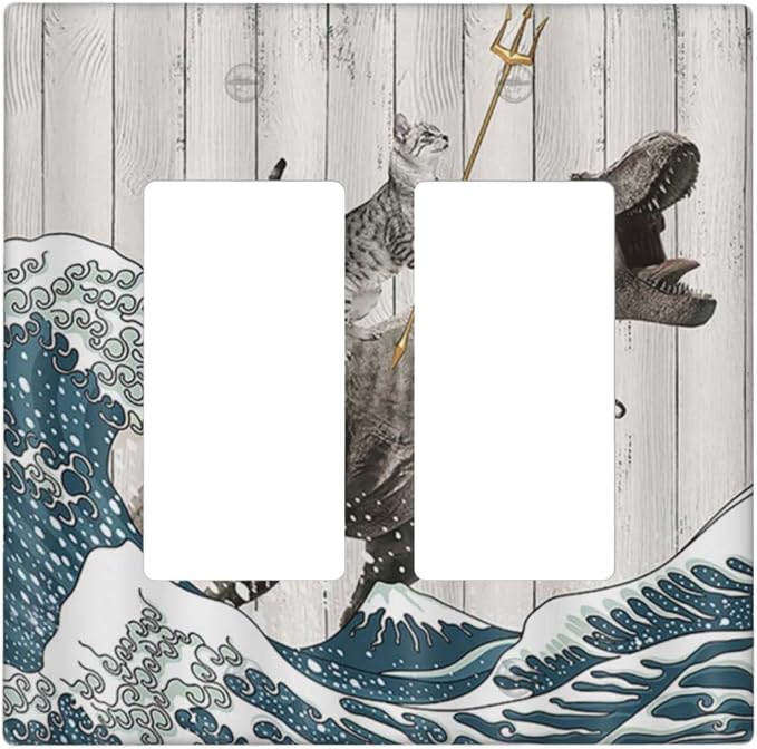 Outlet Covers Funny Cat Cool Cat Dinosaur Sea Wave Wood Double Rocker Light by Spshian