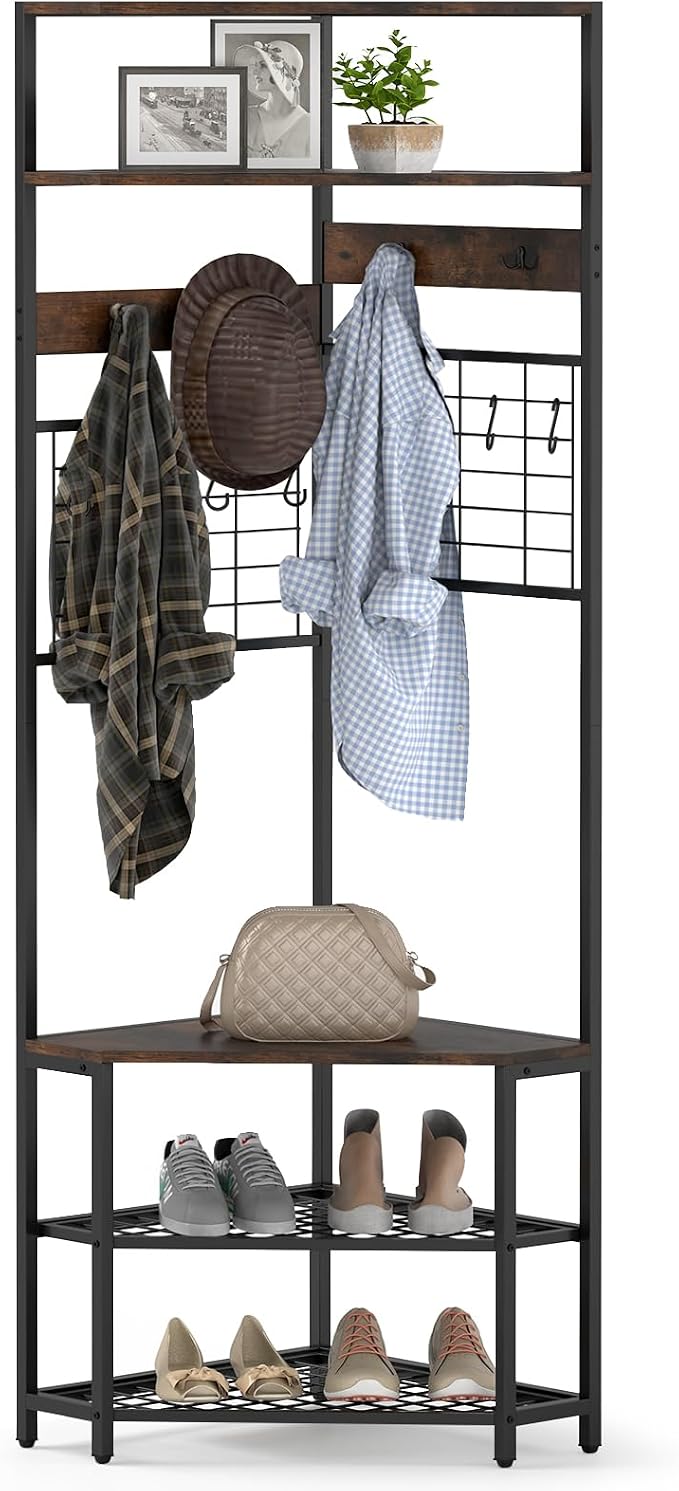 Giantex Corner Hall Tree, 12 Metal Hooks, 5-Tier Entryway Shoes Shelf Organizer by Giantex
