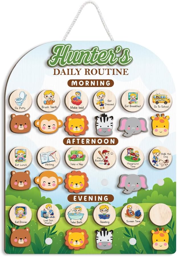 Wooden Daily Routine Chart for Todder, Visual Schedule Woodland Reward Chart by TinyKidz