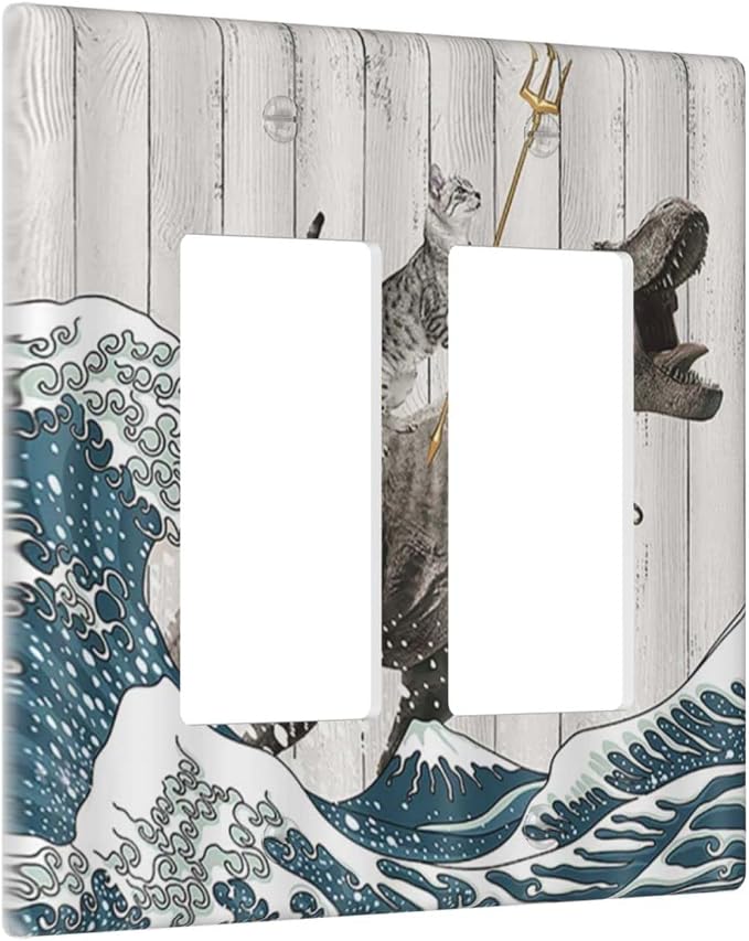 Outlet Covers Funny Cat Cool Cat Dinosaur Sea Wave Wood Double Rocker Light - Image 2