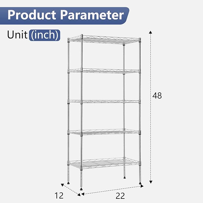 FDW 5 Tier 22L x 12W x 48H Pantry Shelves Adjustable Metal Shelves NSF Storage - Image 3