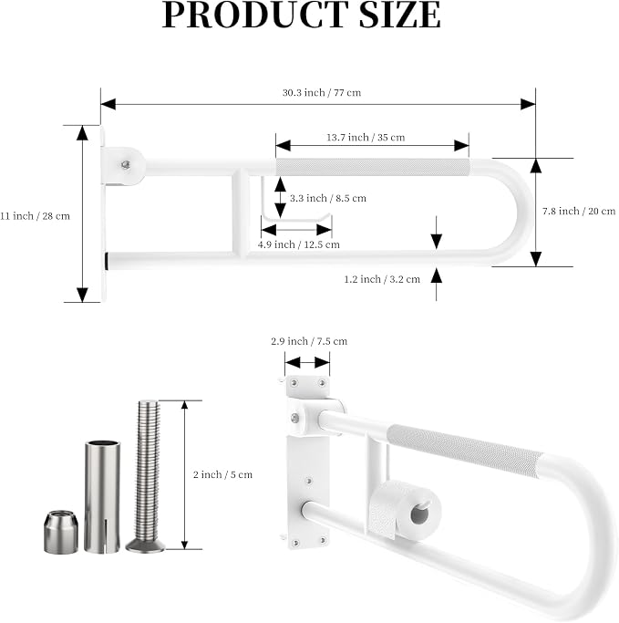 Toilet Grab Bar 30.3 Inch, YuanDe White Anti-Slip Support Rail, U Shaped - Image 2