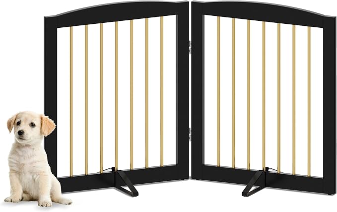 Freestanding Pet Gate for Dogs, Foldable Wooden Dog Gate for House, Step Over by PUPETPO