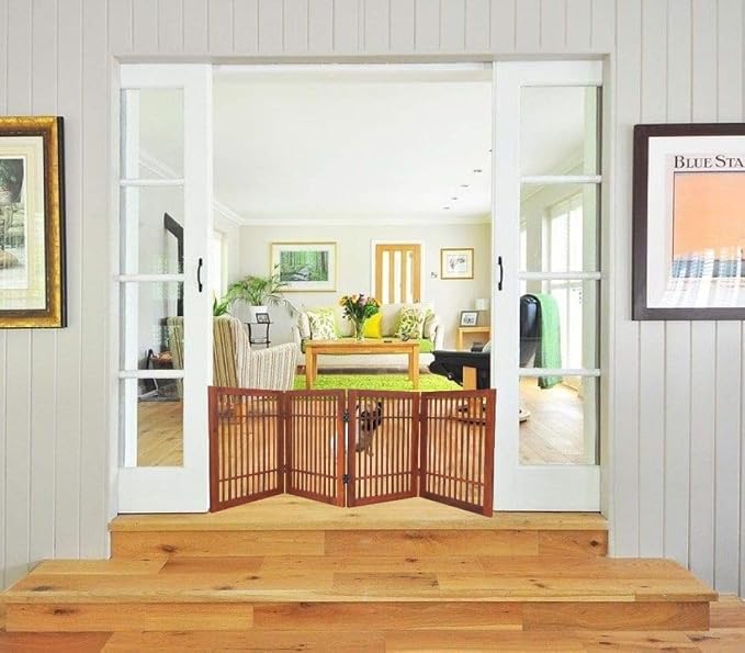 Pet Dog Gate Strong and Durable Freestanding Folding Acacia Hardwood Portable - Image 5