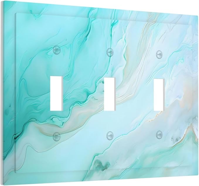 Teal Gold Marbling Turquoise Print Decorative Switch Plates 3 Gang Wall Plate - Image 2