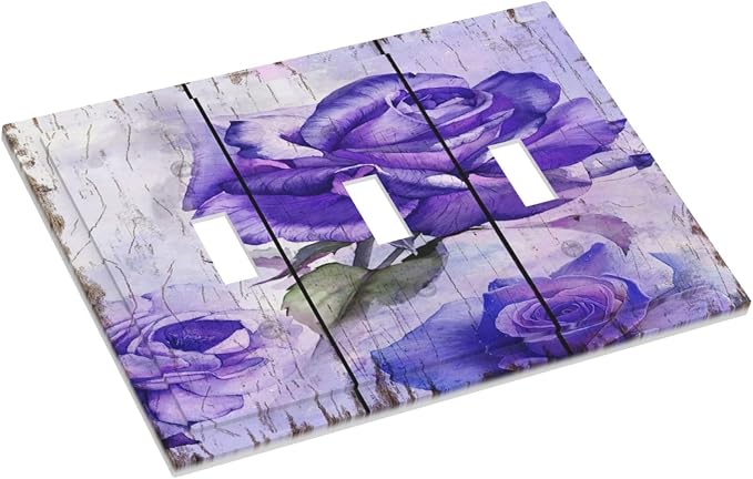 Light Switch Cover Purple Rose Flower Rustic Wood Plank 3 Gang Wall Plate - Image 3