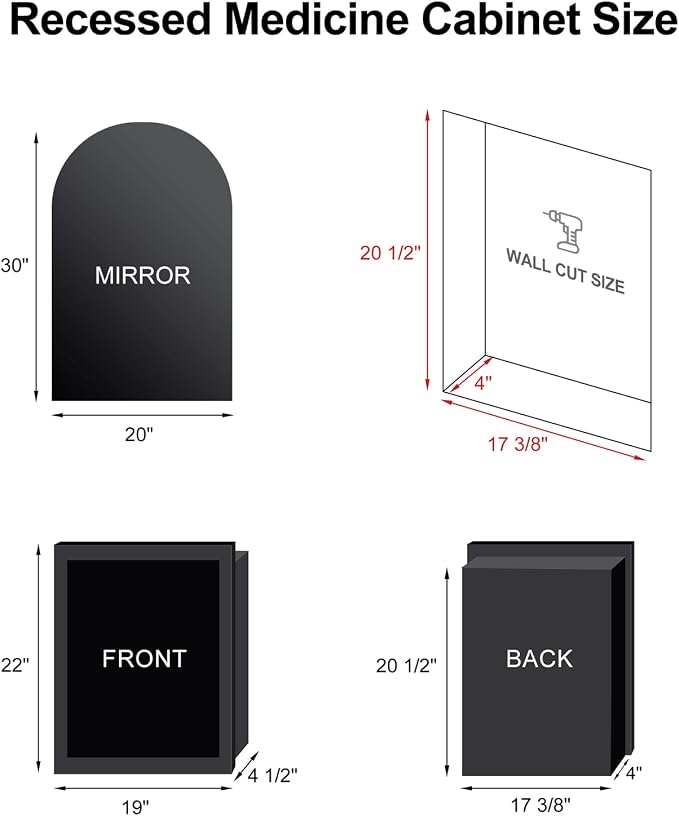Recessed Medicine Cabinet for Bathroom, Brushed Black Arched Medicine Cabinet - Image 2