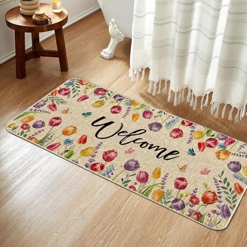 Welcome Tulip Flower Doormat 17"x36",Spring Easter Door Mat Indoor