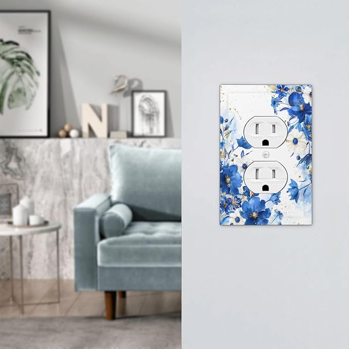Klein Blue Flowers Watercolor Golden White Floral Outlet Covers 1 Gang Duplex - Image 7