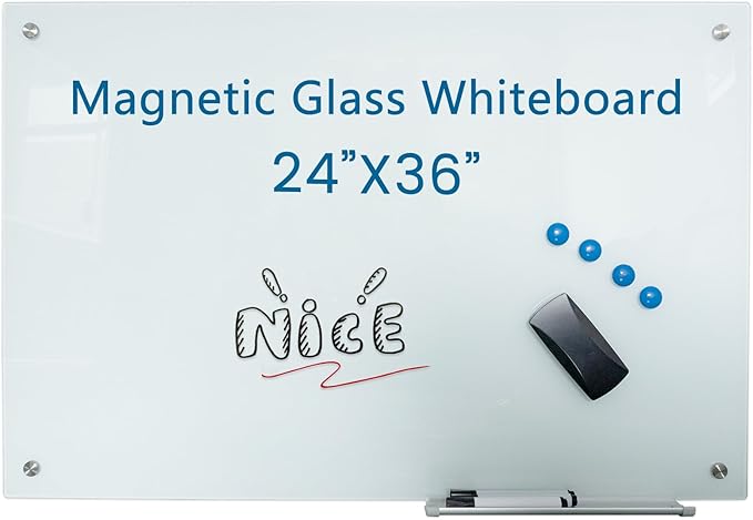 Glass Whiteboard 36"X24" Magnetic Dry Erase Board Frameless Wall Mounted White by Unknown