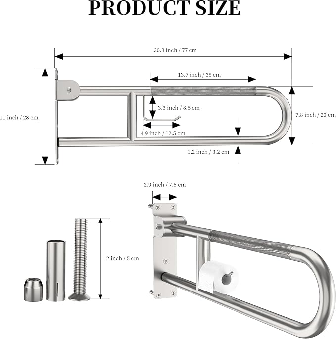 Toilet Grab Bar 30.3 Inch, YuanDe Brushed Nickel Anti-Slip Support Rail - Image 2