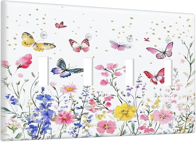Light Switch Covers Watercolor Floral Butterfly Colorful Wildflower Quad Toggle - Image 2