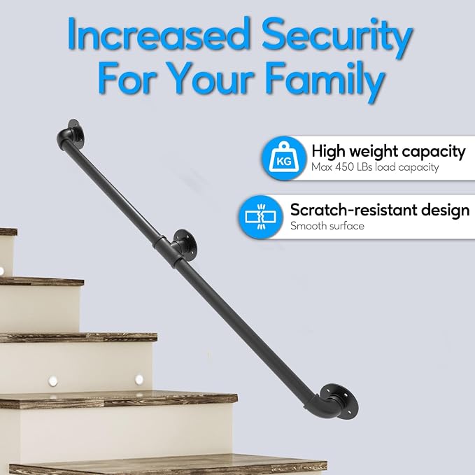 Pipe Stair Handrail, 5 Ft Metal Staircase Handrail, Wall Hand Railing, Safety - Image 5