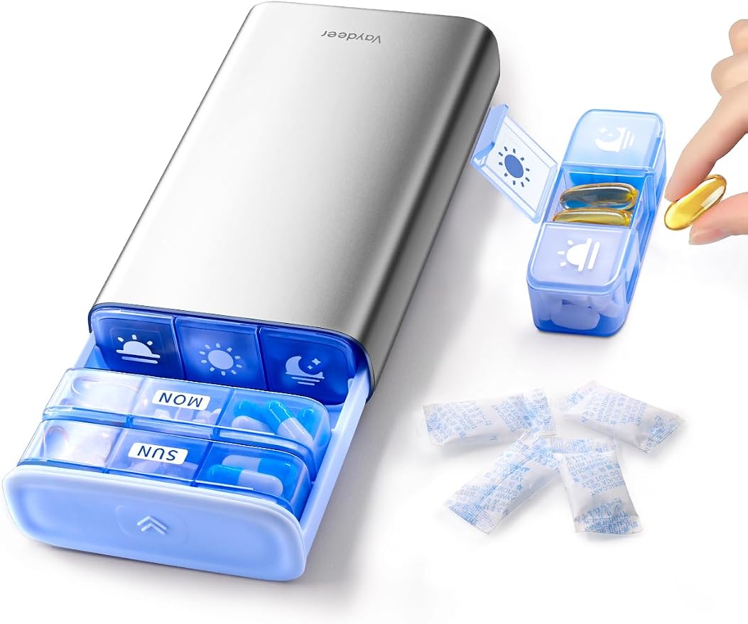 7 Day Weekly Pill Organizer, Metal Travel Pill Case, Large Capacity Daily Cute by Vaydeer
