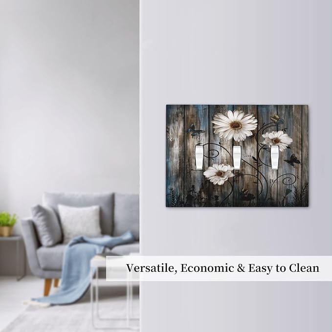 Rustic Wood Background Floral Butterfly Daisy Decorative Switch Plates 3 Gang - Image 7