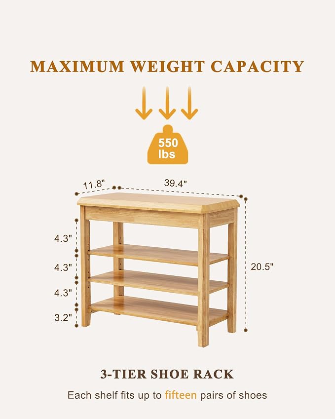 Shoe Rack Bench Seat Rubberwood 3-Tier Wooden Storage Bench 550lbs Compact - Image 2