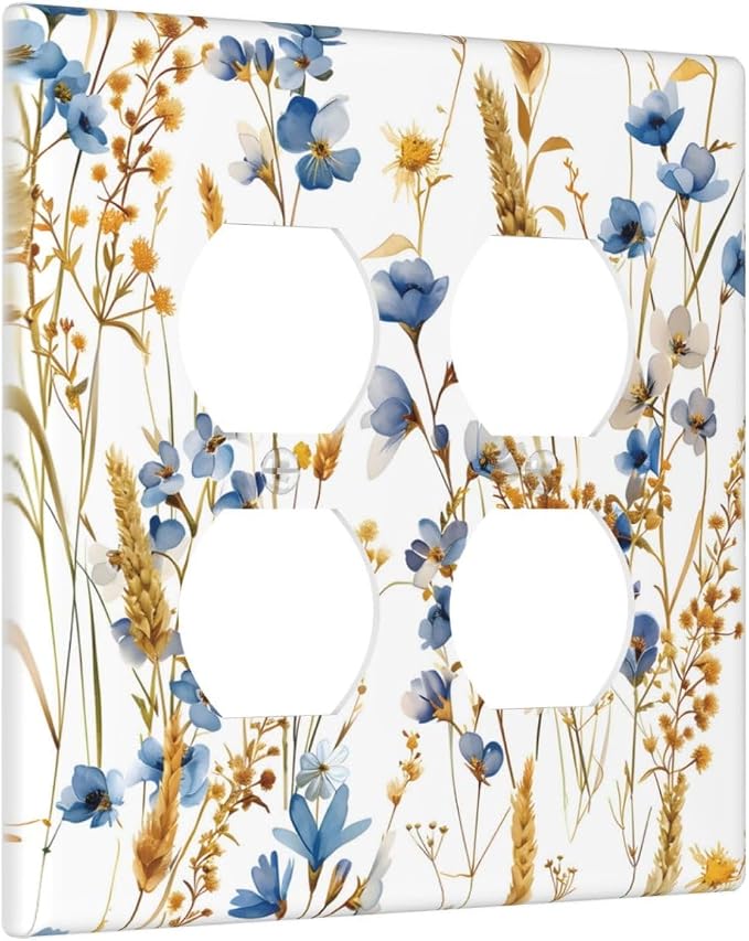 Vintage Wildflower Blue Gold Country Fall Wheat Floral Outlet Covers 2 Gang - Image 2