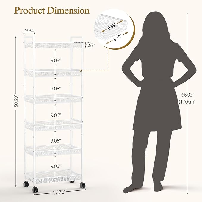 6 Tier Slim Rolling Storage Cart, Narrow Mobile Shelving Unit Organizer Utility - Image 2