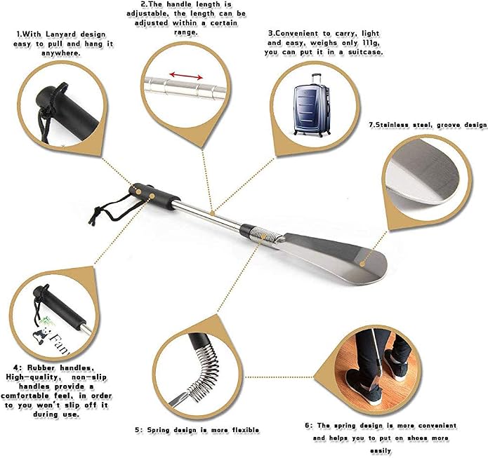 Fanwer Shoe Horn Long Handle for Seniors, Extendable Metal Shoehorn, Wear Shoes - Image 3