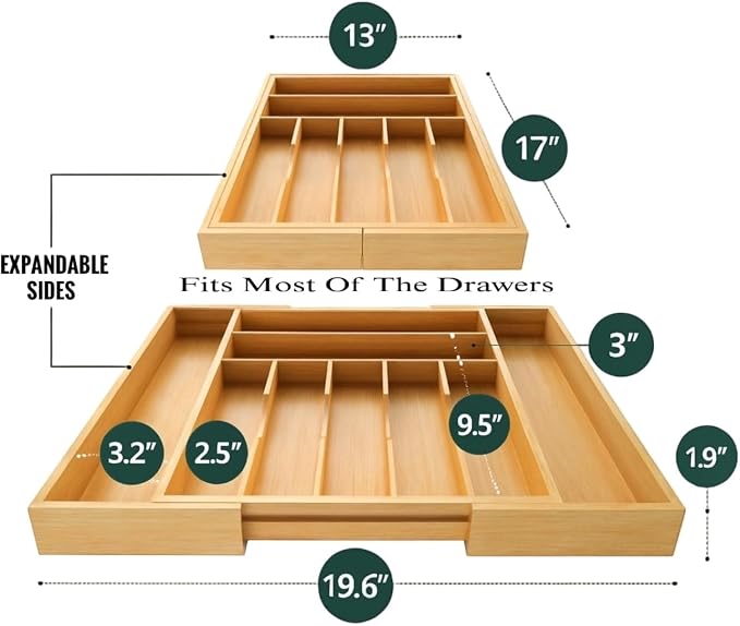 Bamboo Drawer Organizer – Expandable 9 Slot Silverware & Utensil Tray - Image 2