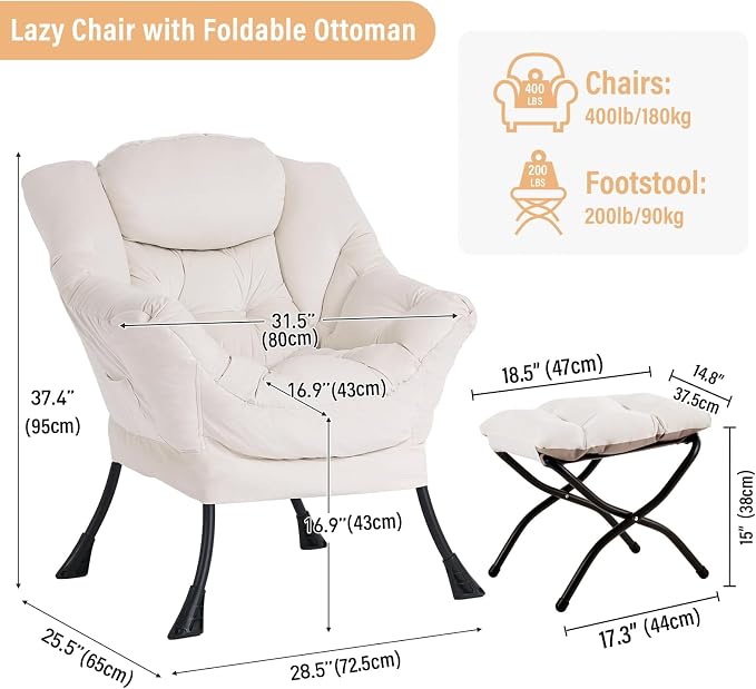 Lazy Chair with Ottoman, Modern Chair with Folding Footrest, Lounge Accent Chair - Image 2