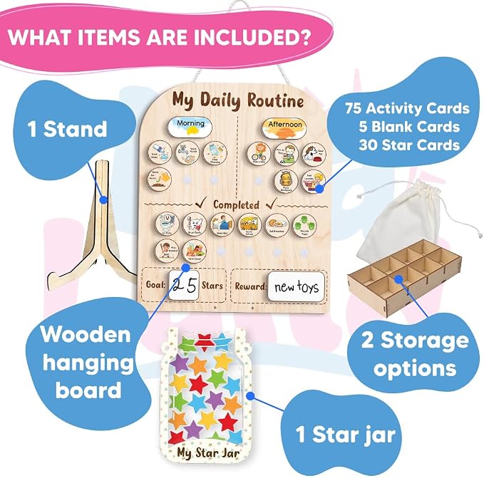 Wooden Daily Routine for Kids, Star Reward Jar for Toddlers, Chore Chart for - Image 2