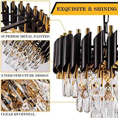 3-Tier Black Gold Crystal Chandelier 5-Light 15’’ Modern Crystal