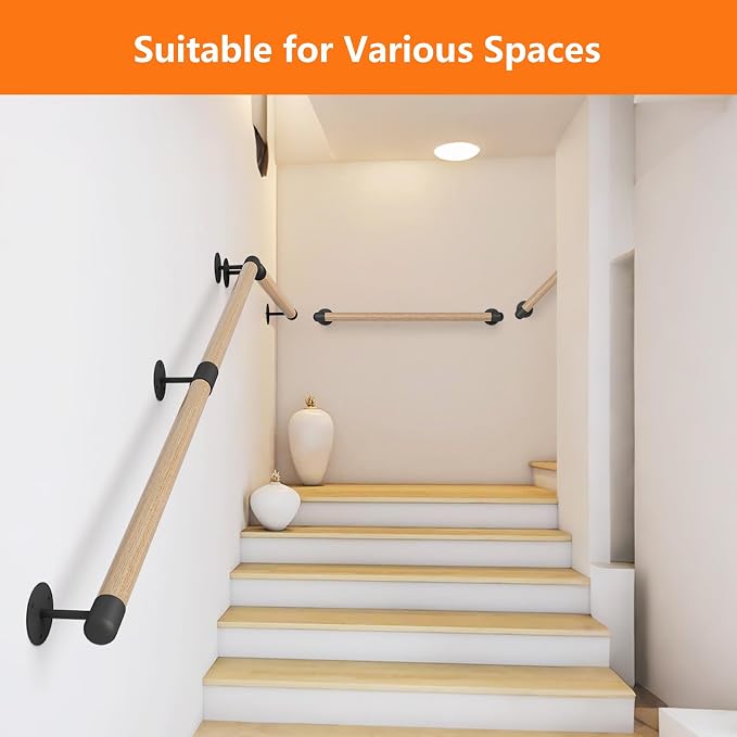 2FT Round Wooden Stair Handrail, Indoor Staircase Handrail, Wall Mount Support - Image 4